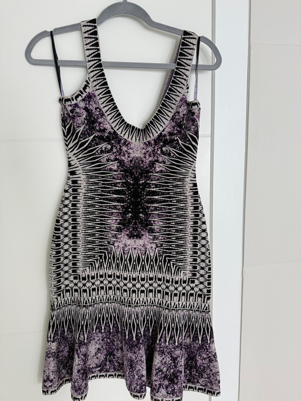 Herve Leger Black and Purple Patterned V-Neck Mini Dress
